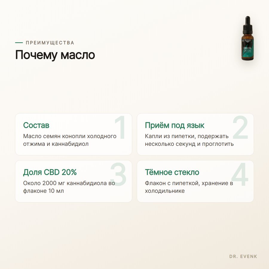 CBD Oil 20%, майлы 10 мл — Преимущества