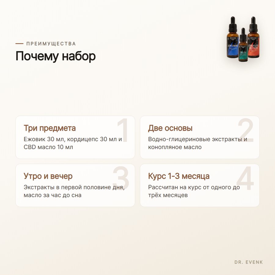 Триплет: Кірпі + Кордицепс 30 мл + CBD 20% майы 10 мл — Преимущества