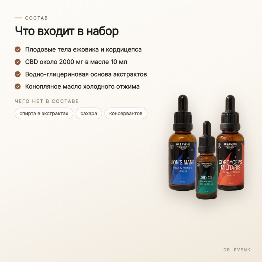 Триплет: Кірпі + Кордицепс 30 мл + CBD 20% майы 10 мл — Состав