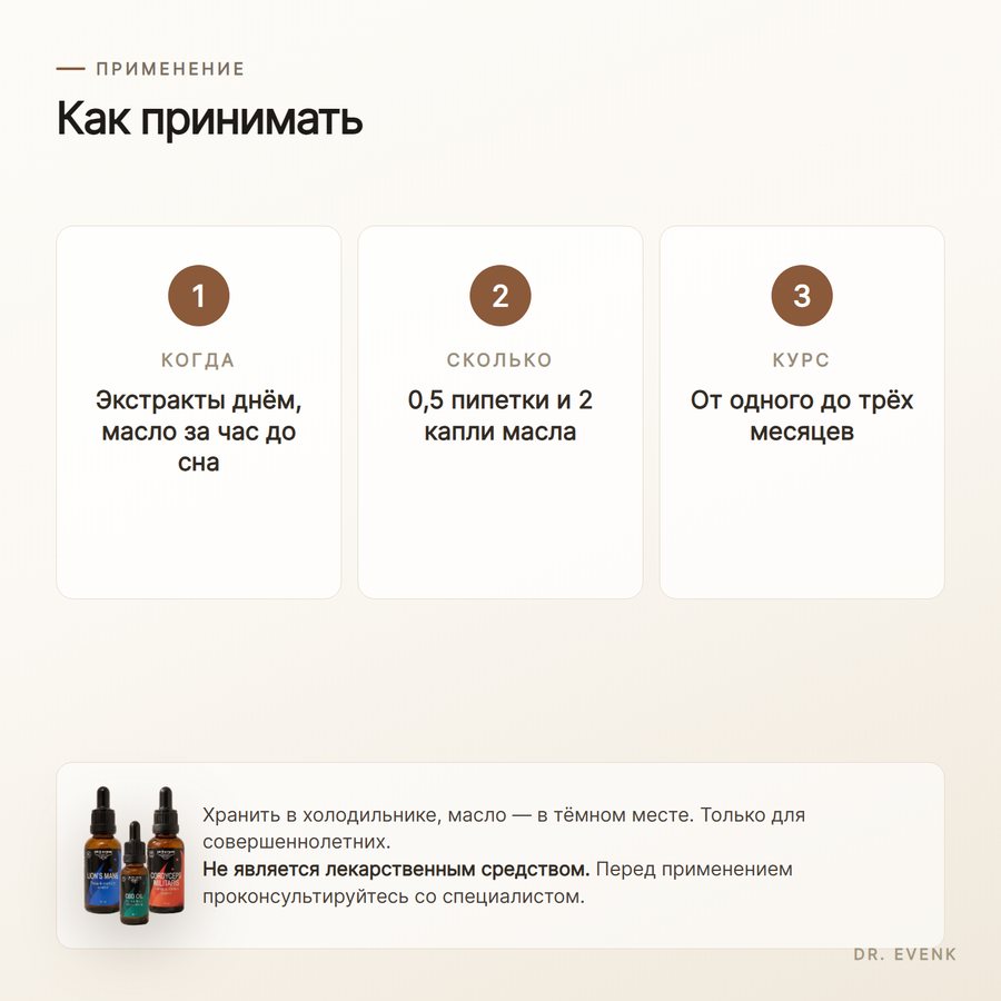 Триплет: Кірпі + Кордицепс 30 мл + CBD 20% майы 10 мл — Как принимать