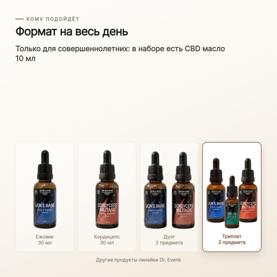 Триплет: Кірпі + Кордицепс 30 мл + CBD 20% майы 10 мл — Кому подойдёт